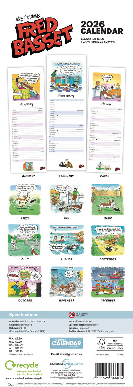 Fred Basset Slim Calendar 2026