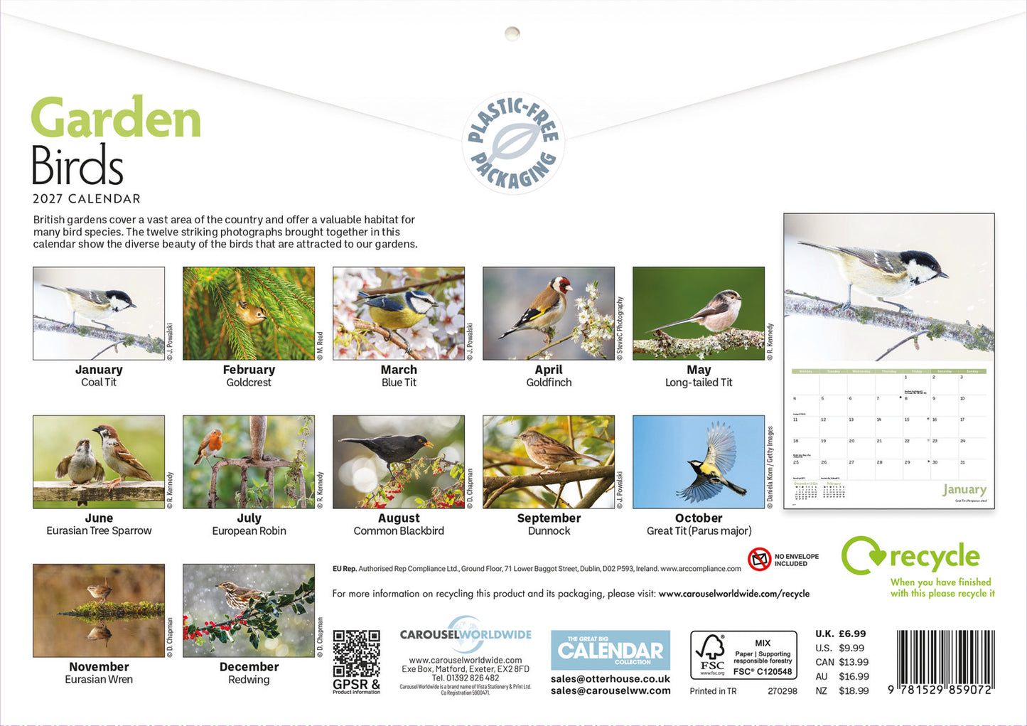 Garden Birds A4 Calendar 2027