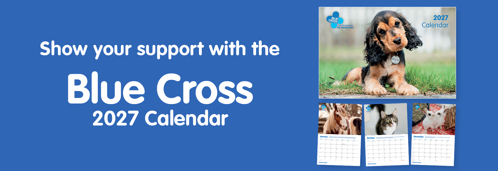Show your support with the Blue Cross 2027 calendar. A cocker spaniel puppy on the cover, with monthly pages showing a pony, a tabby cat and two rabbits.